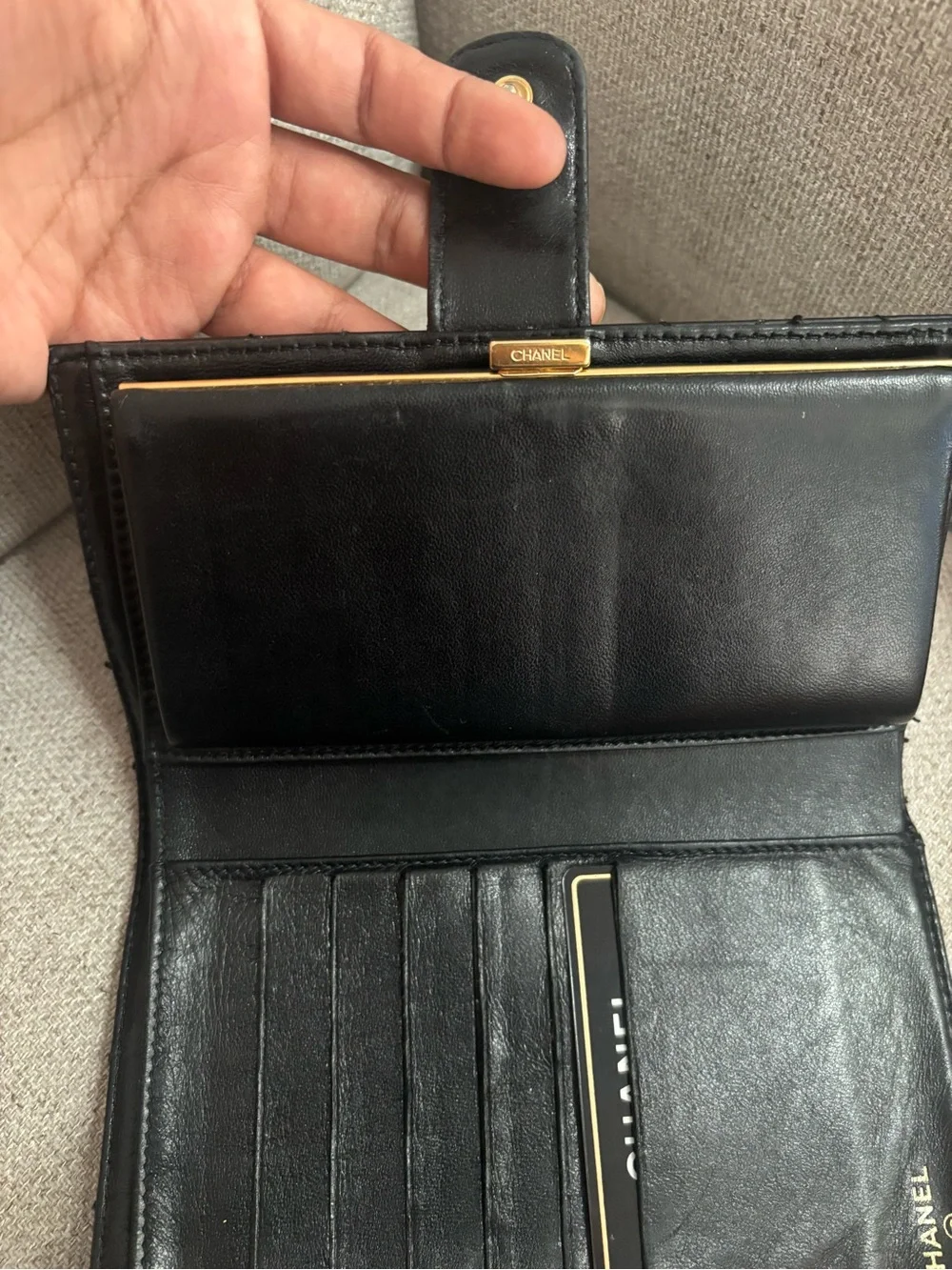 CHANEL Black Quilted Leather Wallet with Gold CC Snap